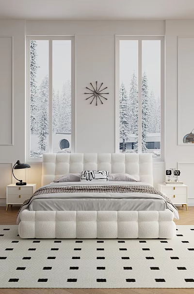 Double Bed with White Headboard Gray Bedding Bedside Lamp Wall Clock and Snowy Trees View 3d model