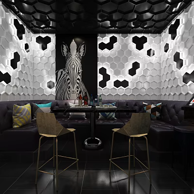 Shower Sauna Relaxation Space With Hexagonal Wall Decor And Zebra Artwork 3d model