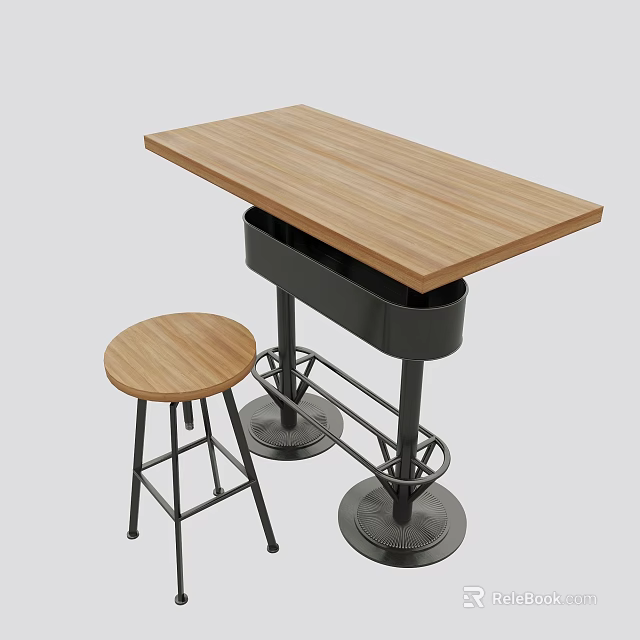 Modern Bar Stool With Wooden Seat And Black Metal Frame By Wooden Top Bar Table 3d model 