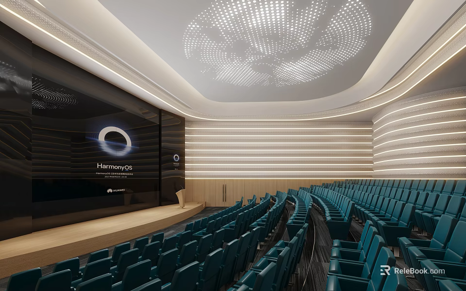 School Modern Auditorium With Blue Curved Seats Large Screen And Ceiling Lighting Design 3d model 