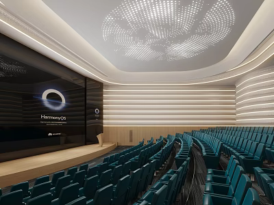 School Modern Auditorium With Blue Curved Seats Large Screen And Ceiling Lighting Design 3d model
