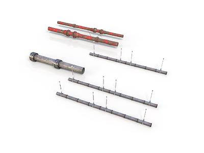 Industrial Red Coated Metal Pipes And Strip Tools With Nails In Different Lengths 3d model