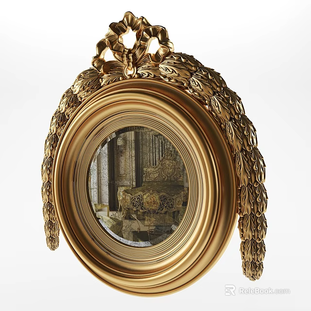 Elegant Golden Ornate Framed Mirror with Intricate Carvings and Room Reflection 3d model 