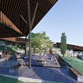 Modern Guesthouse Building With Sloped Roof And Open Terrace Surrounded by Lush Green Trees