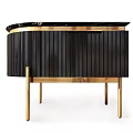 Sleek Black Ribbed Furniture With Gold Accents Including Round Coffee Table And Cabinet