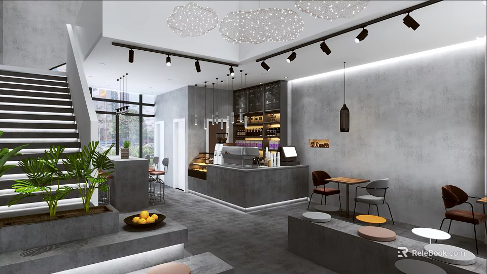 Modern Cafe Interior Design With Gray Bar Counter Wooden Seating And Pendant Lights 3d model 
