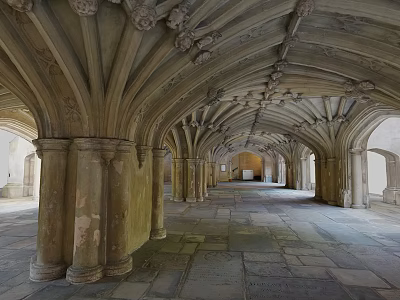 Historic Religious Building Interior With Gothic Vaulted Ceilings And Columns 3d model