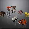 Colorful Various Types Of Mushrooms On Dark Background With Reflections And Arrangement