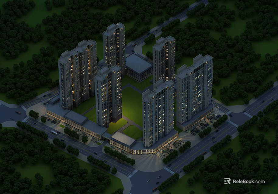 Aerial Planning of Modern High Rise Residential Complex With Central Green Space And Surrounding Trees 3d model 