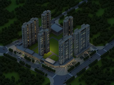 Aerial Planning of Modern High Rise Residential Complex With Central Green Space And Surrounding Trees 3d model