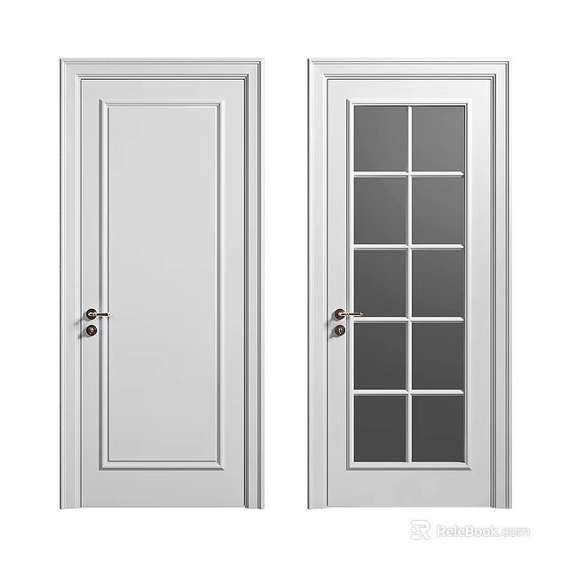 White Hinged Doors Featuring Plain Solid Panel And Glass Grid Panel With Metal Handles 3d model