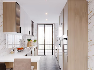 Modern Kitchen Interior Design With Wooden Cabinets Marble Countertop And Open Layout Natural Light 3d model