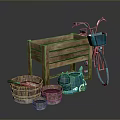 Garden Decorative Setup With Wooden Stand Blue Bicycle Wicker Baskets And Watering Can