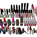 Assorted Luxury Cosmetics Display with Perfumes Lipsticks and Makeup Products