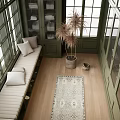 Dark Green Walk-in Closet with Bench Pillows Folded Towels Large Windows and Pampas Grass