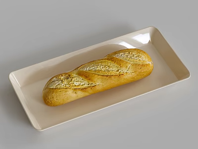 Freshly Baked Golden Brown Baguette on Long White Plate with Crusty Surface 3d model