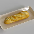 Freshly Baked Golden Brown Baguette on Long White Plate with Crusty Surface