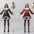 Female Figurines in Colorful Costumes Holding Staffs Standing in a Row