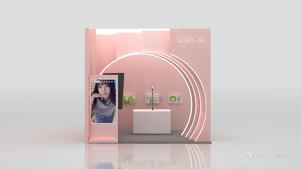 Pink Curved Photo Check In Spot With LOGO Display Screen And White Platform 3d model 