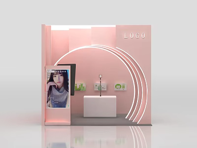 Pink Curved Photo Check In Spot With LOGO Display Screen And White Platform 3d model
