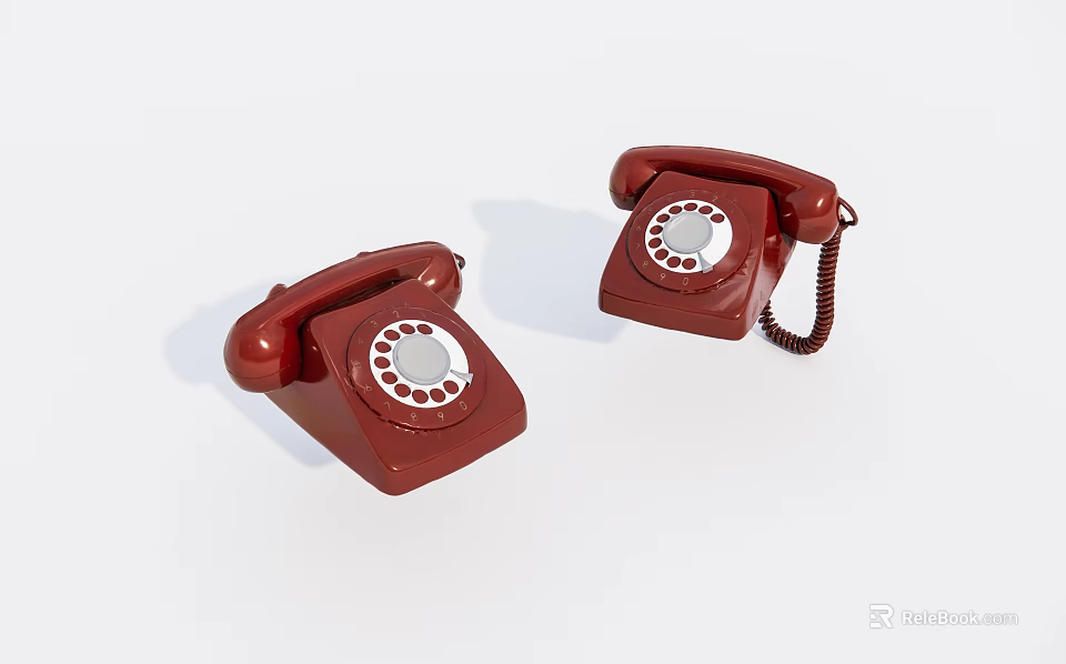 Two Vintage Red Dial Telephones With Classic Rotary Design On White Background 3d model 