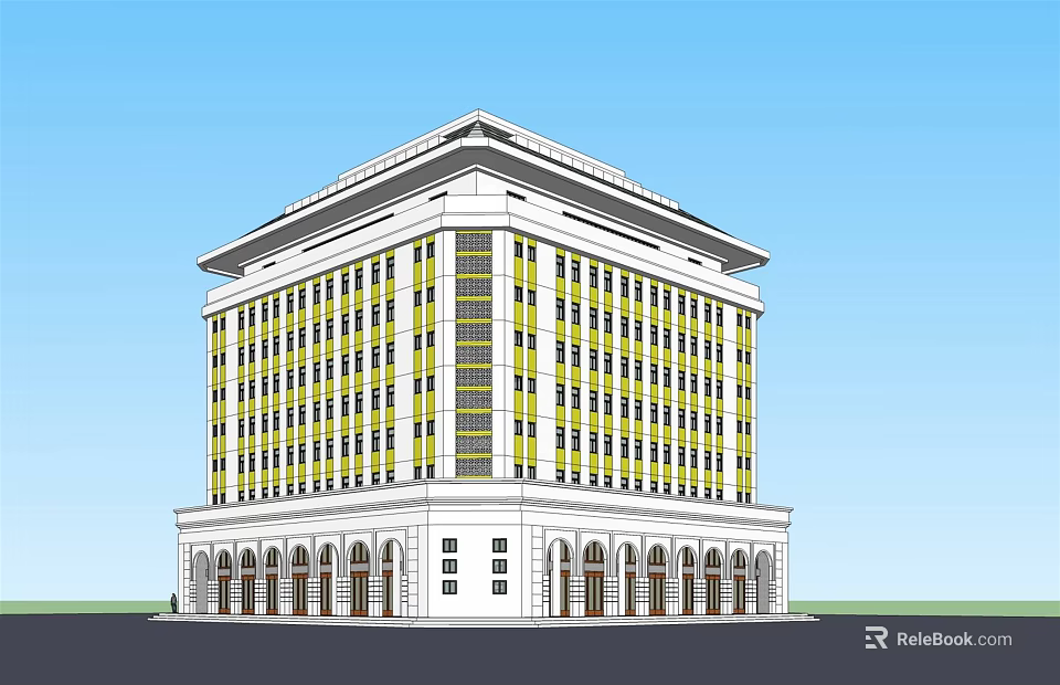 Modern Multi Story Office Building With Yellow White Facade Arched Entrance 3d model 