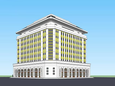 Modern Multi Story Office Building With Yellow White Facade Arched Entrance 3d model