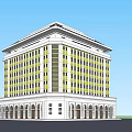 Modern Multi Story Office Building With Yellow White Facade Arched Entrance