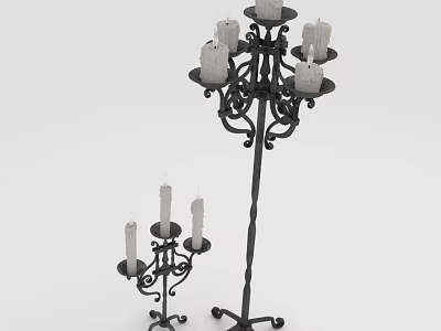 Wrought Iron Candelabra Set With Tall And Short Designs Ornate Metal Branches And Candles 3d model