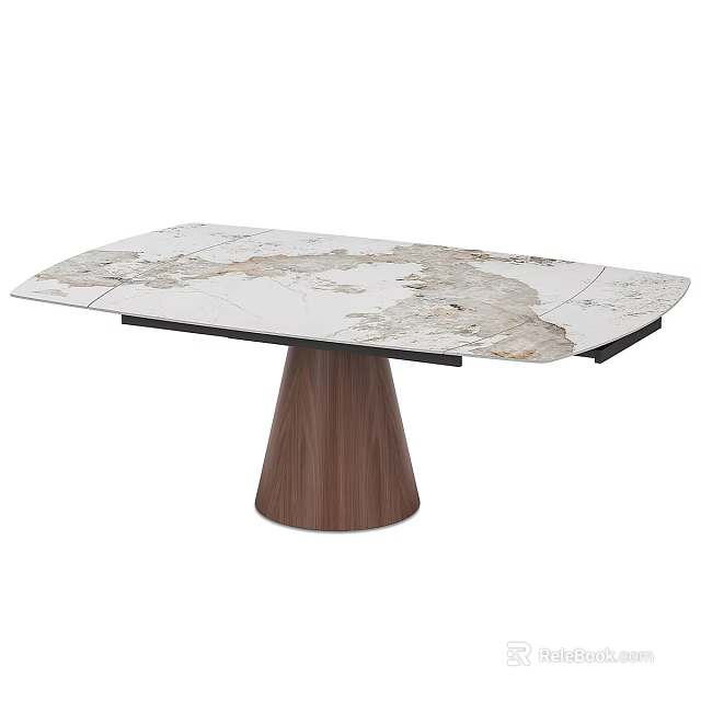 Modern Dining Table With White Marble Surface And Wooden Conical Base 3d model 