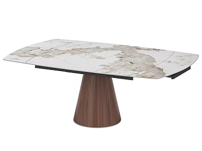 Modern Dining Table With White Marble Surface And Wooden Conical Base 3d model