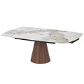 Modern Dining Table With White Marble Surface And Wooden Conical Base