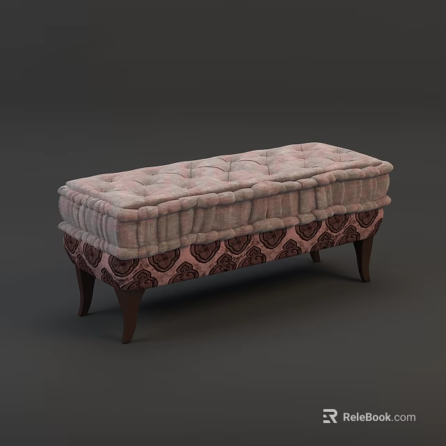 Light Pink Tufted Ottoman Bench With Patterned Base And Wooden Legs 3d model 