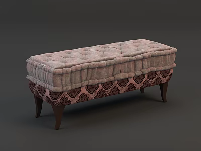 Light Pink Tufted Ottoman Bench With Patterned Base And Wooden Legs 3d model