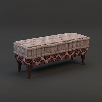 Light Pink Tufted Ottoman Bench With Patterned Base And Wooden Legs 3d model