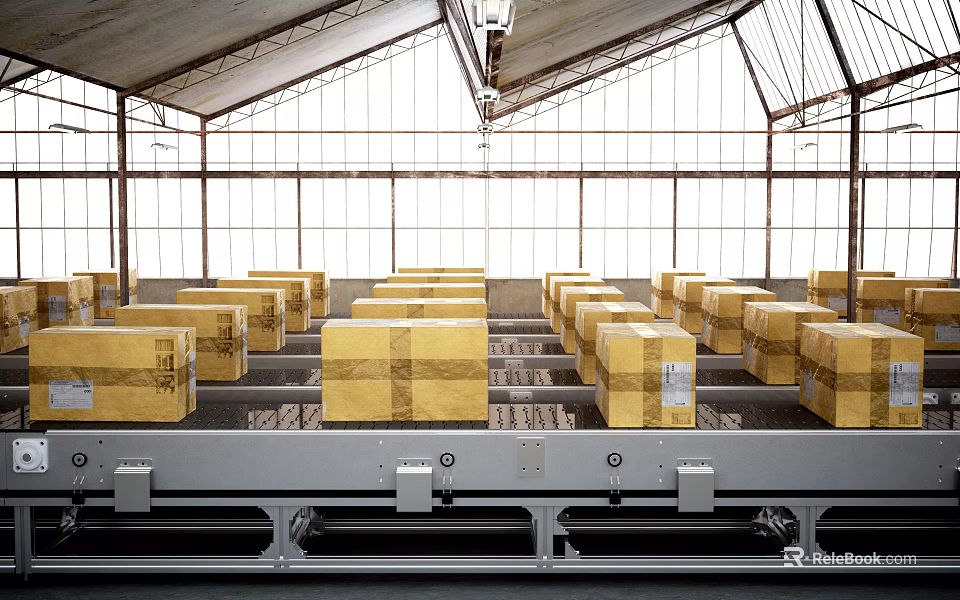 Warehouse Interior Featuring Conveyor Belt With Neatly Stacked Yellow Cartons And Large Windows 3d model 