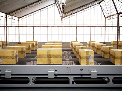 Warehouse Interior Featuring Conveyor Belt With Neatly Stacked Yellow Cartons And Large Windows 3d model