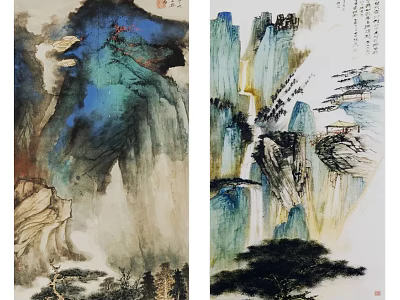 Traditional Chinese Landscape Painting With Blue Mountains Waterfall And Misty Clouds 3d model