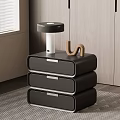 Modern Black Nightstand With Three Drawers Table Lamp And Wooden U Shaped Decor