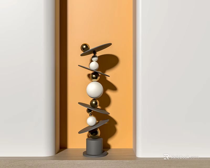 Abstract Sculpture Carving Artwork With Layered Spheres And Metal Plates On Gray Base 3d model 