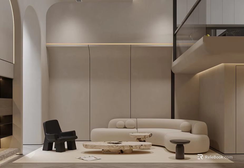 Modern Minimalist Loft Living Room With Neutral Tones And Unique Furniture 3d model 