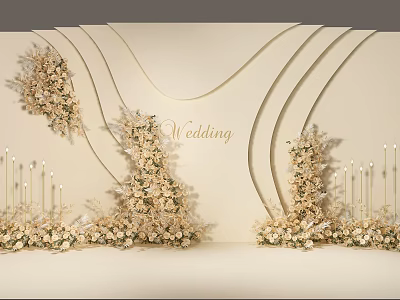 Elegant Wedding Decor With Beige Curved Background Golden White Flowers And Candles 3d model