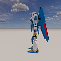 Blue and White Standing Robot Model Against Blue Sky with Clouds and Gray Ground