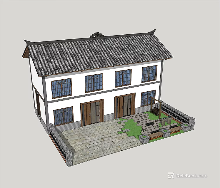 Traditional Chinese House With Tiled Roof White Walls Wooden Doors And Stone Courtyard 3d model 