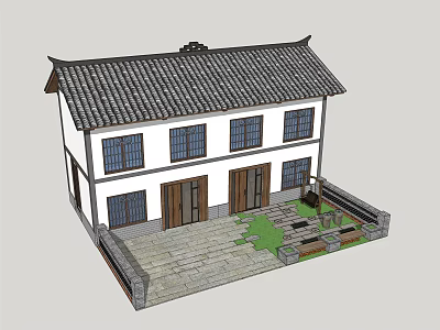 Traditional Chinese House With Tiled Roof White Walls Wooden Doors And Stone Courtyard 3d model