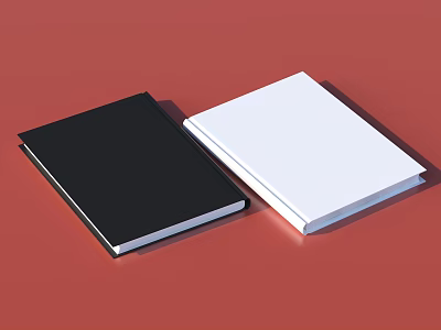 Black and White Hardcover Blank Notebooks Displayed on Red Background Surface 3d model