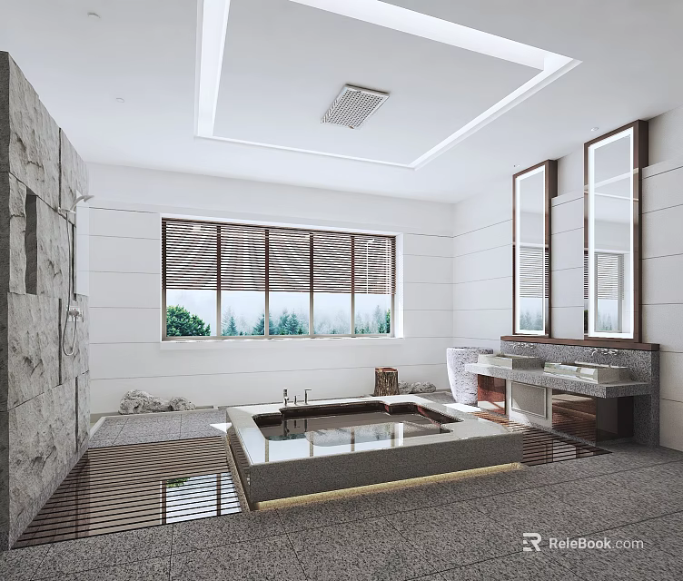 Luxurious Hotel Bathroom Interior With Stone Wall Large Window Bathtub And Vanity Mirror 3d model 