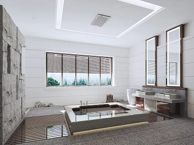 Luxurious Hotel Bathroom Interior With Stone Wall Large Window Bathtub And Vanity Mirror 3d model