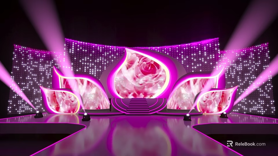 Stage Design With Purple Lighting Pink Rose Pattern Large Screens Steps And Reflective Floor 3d model