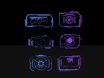 Line Style Sculptural Carvings With Diverse Designs And Blue Purple Colors On Black Background 3d model